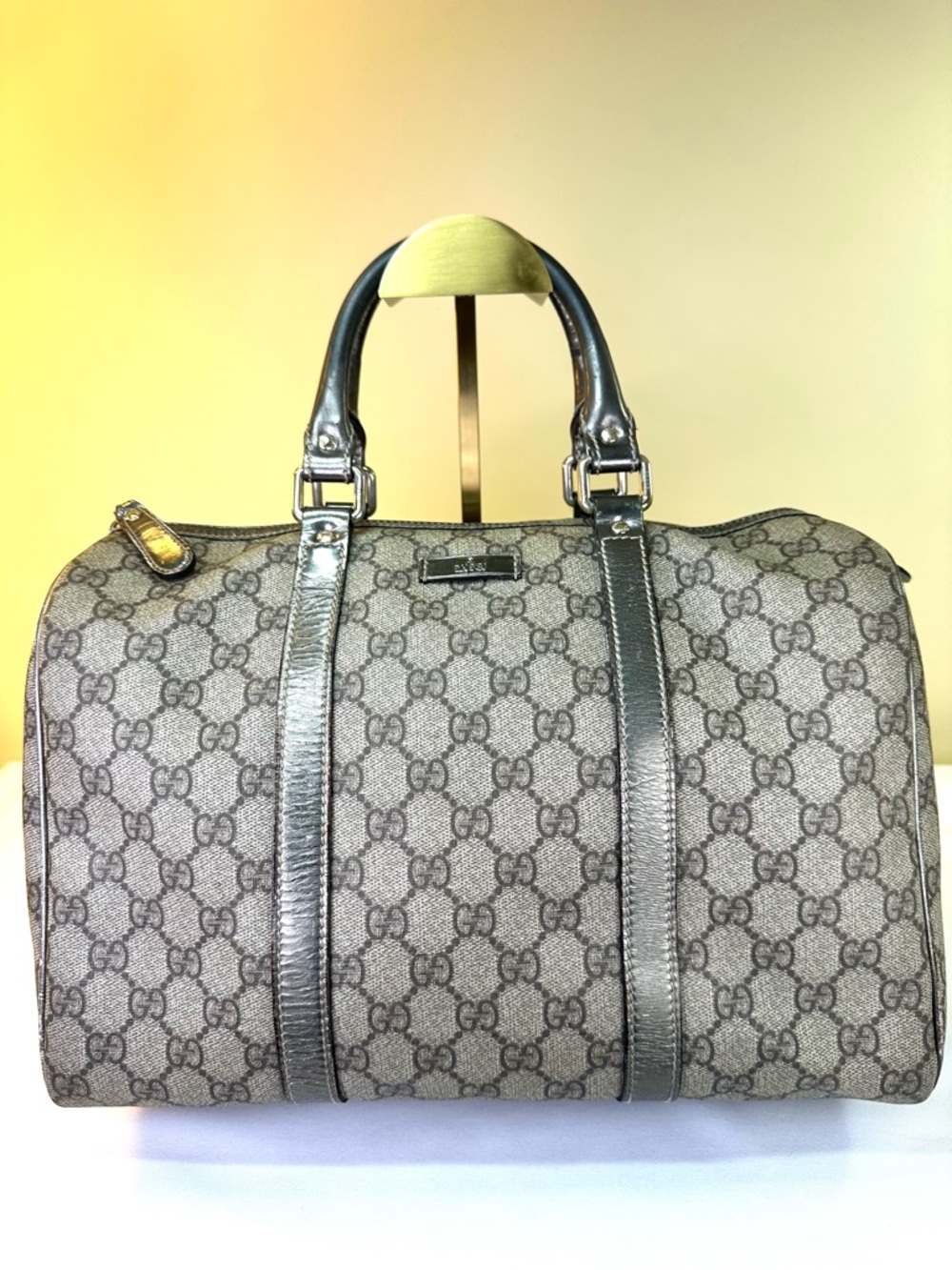 Gucci Joy Boston Bag GG Supreme Coated canvas metallic leather Italy COA